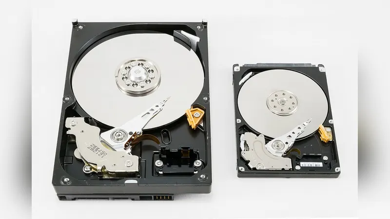 Hard disk drives opened up, showing the platters inside
