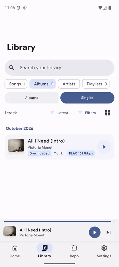 Mornye library screen showing organised sections for albums and artists